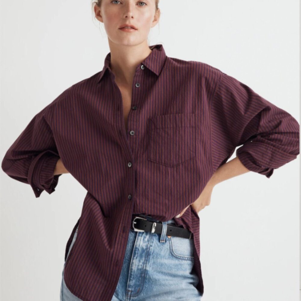 Madewell Poplin Side-Panel Dolman Button-Up Shirt in Stripe